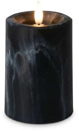 MIJOMA LED-Kerze in edler Marmoroptik mit Realistic Flame Effekt - Authentisches warmweißes Leuchten, 6/18 Timer, batteriebetrieben, für ein gemütlich stilvolles Zuhause (Ø7.5 x H10 cm, schwarz)