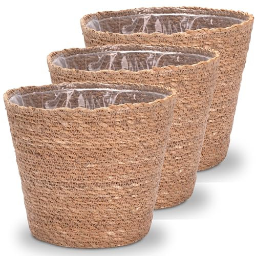 Decorasian Pflanzkorb – Übertopf geflochten – dekorativer Seegras Blumentopf mit Folieneinsatz im Boho Stil, 3 Stück 22cm