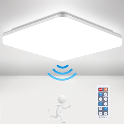 LED Deckenleuchte mit Radar Bewegungsmelder, 24W Deckenlampe mit Fernbedienung, 4000K Lampe mit Bewegungsmelder innen, IP54 Sensorlampe für Bad Flur Balkon Garage Keller Treppen, 28x4.8cm