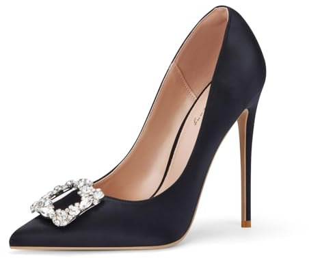 GENSHUO Decolleté con Tacco Alto in Satin con Strass per Matrimonio e Festa - Tacco da 12 cm, Raso Nero, 39 EU