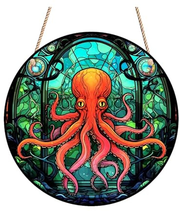 DTSFHTDAL 1 PCS Acrylic Window Hanging Sun Catcher Wall Decor Stained Panel Hangings Decorative Double Sided Animal Print Stained Glass Suncather Window Hangings Wall Art Decoration (Octopus)