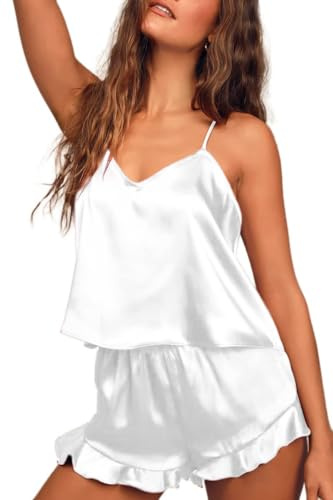Ekouaer Pigiama Donna Estivo Set Pigiami Sexy Seta Raso 2 Pezzi Pigiama da Casa Leggero Pigiama,Bianco,S