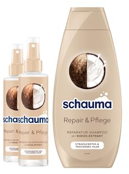Schauma Sprühpflege Repair & Pflege (2x200 ml) Hitzeschutz für regeneriertes Haar & Reparatur-Shampoo Repair & Pflege (400 ml) glättet & repariert, mit Kokos-Extrakt