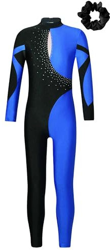 Hedmy Kinder Mädchen Turnanzug Eiskunstlauf Gymnastikanzug Langarm Pailletten Jumpsuit Overall Einteiler Trikot Gymnastik Leotard Blau Schwarz B 158-164