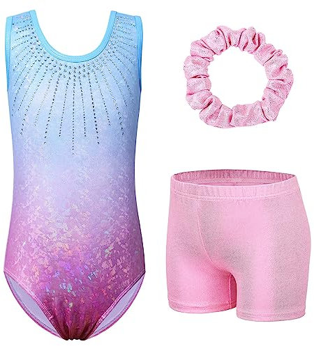 ZNYUNE Mädchen Turnanzug mit Hose Haarband Set Gymnastikanzug Kinder Shorts Trikot Turnen Ärmellos/Langarm Kleidung klassisch Turnbody B258 BluePink 10A