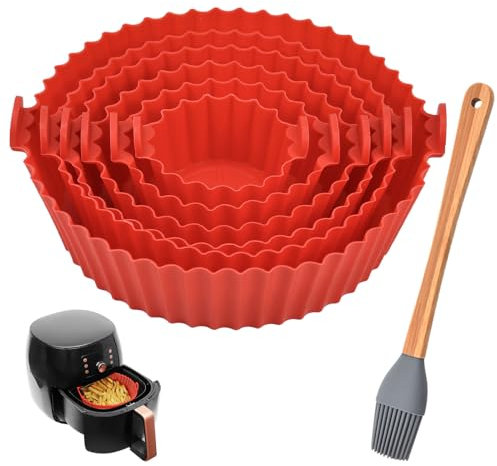 NAROSEBE 6 STK Airfryer Silikonform Heißluftfritteuse Airfryer Korb Rund Silikon Backform für Heißluftfritteuse Luftfritteuse Silikon Topf mit Bürste Air Fryer Silicone Pot für Backform (6 Größen)