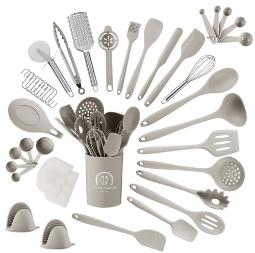 Küchenhelfer Set, 43 teiliges Küchenutensilien Set. Kochlöffel Set Silikon, Hochtemperaturbeständig und antihaftbeschichtet. Küchenutensilien beige mit Vorratsbehälter S Haken, spülmaschinenfest