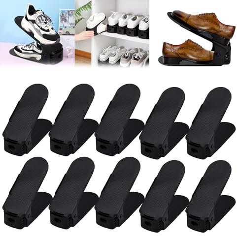 Suusolny 30 Stück Verstellbarer Schuhregal Schuhhalter Schuhstapler rutschfest 3 Höhenverstellbar Schuhorganizer Schuhaufbewahrung - Schwarz