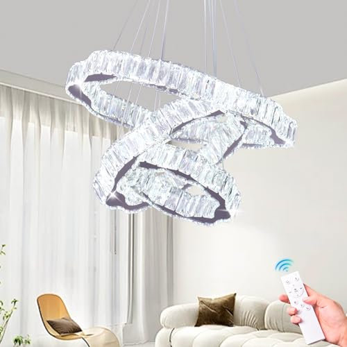 Cainjiazh Deckenleuchte Kristall Kronleuchter LED Deckenlampe Beleuchtung Dimmbar Modern Leuchter Wohnzimmerlampe Schlafzimmerlampe Lampe 3-Ringe Einstellbare Pendelleuchte mit Fernbedienung
