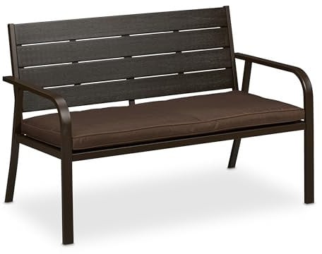 Relaxdays Gartenbank incl Sitzauflage, Holzoptik, HBT: 78 x 118 x 66 cm, 2-Sitzer, stabile Balkonbank, Sitzbank, braun