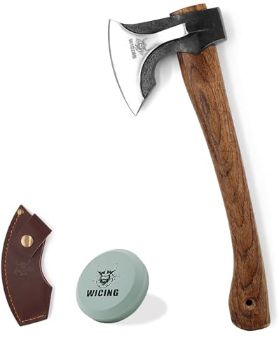 WICING Hacha de camping, hacha dividida de 14.2 pulgadas con funda de cuero, hacha de picar 1065 de acero de manganeso alto y mango de nogal americano