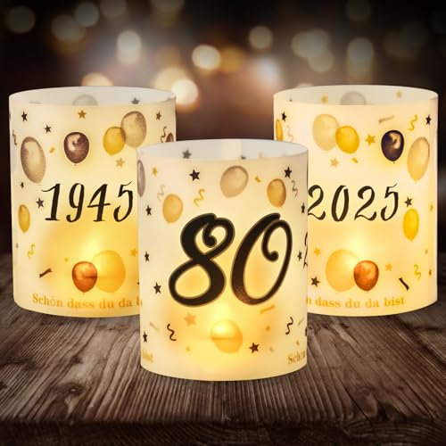 12 Windlicht Tischdeko 80 Geburtstag, Seutgjie 80. Geburtstag Jubiläum Deko Mann Frau 1945-2025 Schwarz Gold für Teelichter oder Kerzen