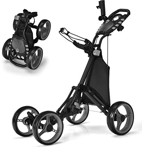 COSTWAY 4 Wheel Golf Trolley, Lightweight Folding Golfs Push Pull Cart with Adjustable Height Handle, Umbrella Stand, Cup Holder and Foot Brake (with Storage Bag, Grey)
