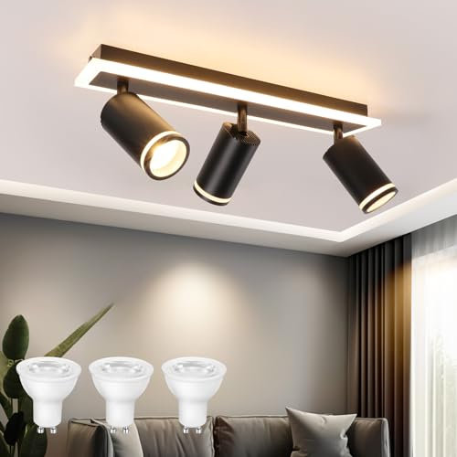 URing Deckenstrahler LED Schwarz Deckenstrahler 3 Flammig Schwenkbar 350° Deckenleuchte mit unteres Glühen 10W+ 3x5W GU10 Spots, Küchenlampe GU10 Deckenlampe Spots Deckenleuchte für Schlafzimmer