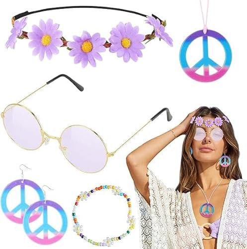 TAXTYHRE Hippie Kleidung Damen, 6 Stück Hippie Accessoires Set, 60er, 70er Jahre Damen Set, mit Hippie Ohrringe, Brillen, Stirnband, Armband und Friedenszeichen Kette