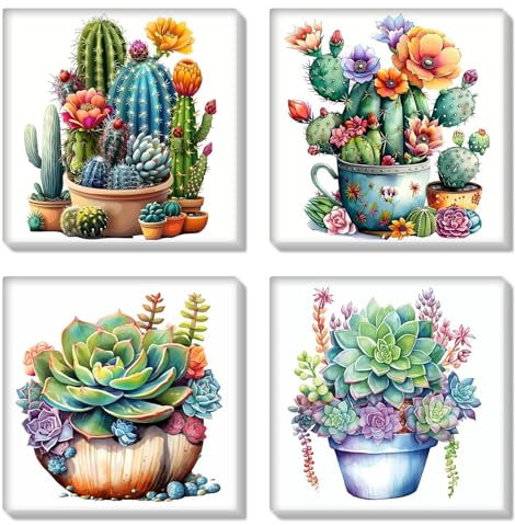 HEIBAGO 4 Pack Malen nach Zahlen Mit Rahmen, DIY Kaktus Blume Ölmalerei Malen nach Zahlen Kit für Erwachsene, Anfänger, Sukkulente Malen nach Zahlen Kunsthandwerk Bilder,8×8 inch