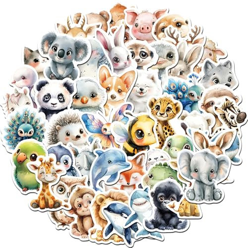 50 Stücke Tiere aufkleber kinder, Tiere Sticker Set, Lustige Aufkleber, Cute Cartoon Sticker Kinder, Wasserfeste für Scrapbook, Telefon, Wasserflasche und Fotoalben.
