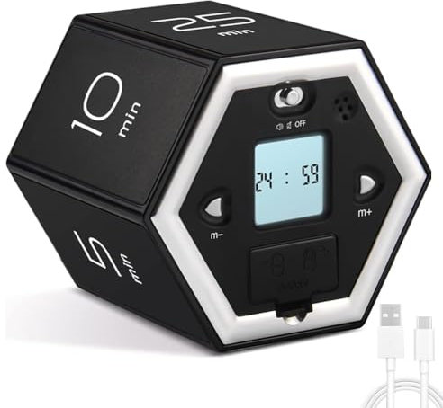 Pomodoro Timer, Digitaler Cube Küchentimer Schwerkraft Time Timer Drehbarer 1/5/10/25/30/60 Minuten, für Studium, Küche, Kochen, Yoga, Sport (Schwarz)