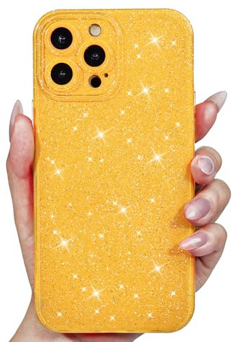 Svanove for iPhone 14 Pro Case Glitter, Sparkly Girly Cute Bling Sparkle Shiny Shimmer Bright Phone Case for Women Girls, Glittery Thin Slim Jelly Soft Silicone Rubber Gel Plastic Cover, Yellow