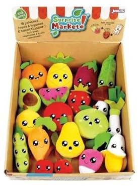 Jemini | Kiste Überraschung Händler mit 18 Plüsch-Überraschungsbeuteln Obst und Gemüse +/- 10 cm inklusive Sticker und Memo-Spiel | lebendige Farben | Verspieltes Spielzeug | französische Marke |