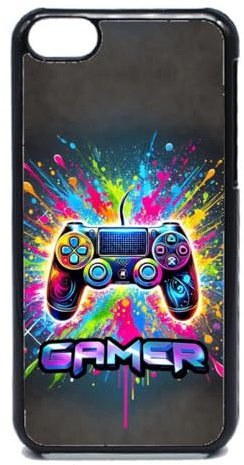 FunKaz Coque pour IPHONE 5C - Gamer Manette de Jeu Fond Multicolore - Coque Noire TPU