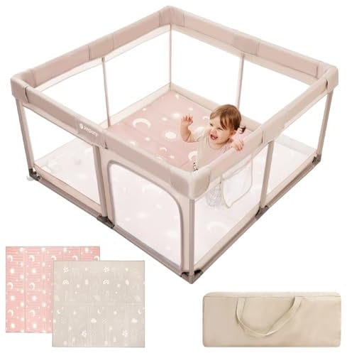 Joypony Laufstall Baby, 127 x 127 cm Laufgitter Baby mit atmungsaktivem 360° Netz, rutschfesten Saugnäpfen, stabiler Spielbereich für Babys und Kleinkinder, Indoor Playpen, Beige