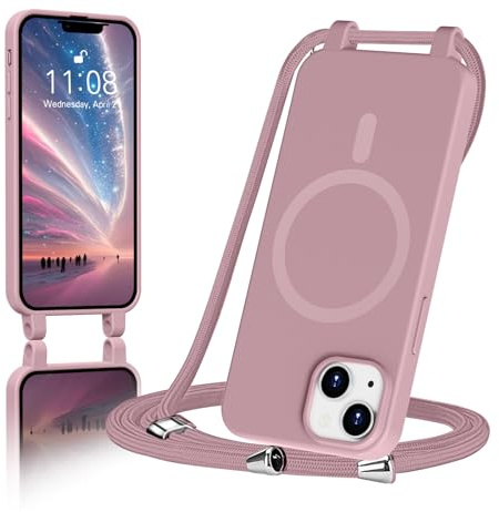 ColasGalys für handykette iPhone 15 Hülle mit Band Magnetisch Kompatibel mit Mag Safe für Handyhülle iPhone 15 mit Band Kratzfest TPU Silikon rosa