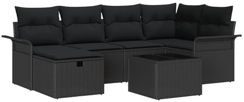 vidaXL Garten-Sofa-Set mit Kissen 7 pcs Schwarz Poly Rattan, Modular Rattan-Sofa-Set für 5 Personen, Outdoor-Sitzgelegenheit, wetterfestes Design, verstellbare Füße