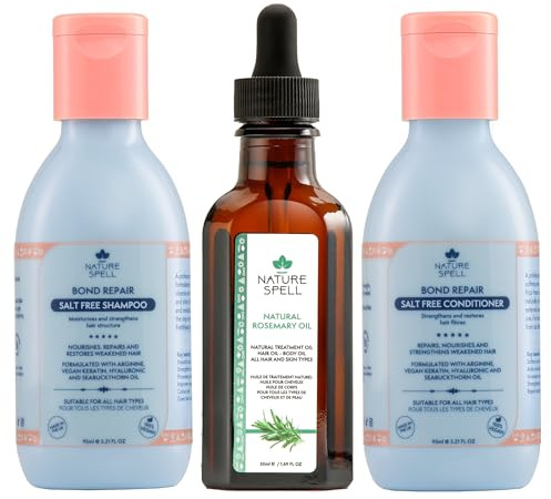 Nature Spell Bond Repair Travel Set, Vegan, Set of 3 | Includes Rosemary Oil, Shampoo & Conditioner, Protecting & Repairing