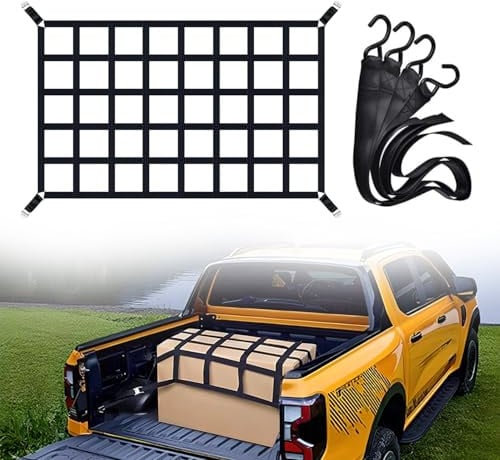 Cargo Net Gepäcknetz für Pickup & LKW Ladefläche/Heckklappe 167cm x 127cm – 500kg Schwerlast Frachtnetz Reißfest aus Nylon, verstellbar mit 4 Festgurten, S-Haken & Tragtasche