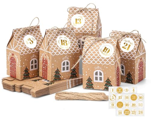 24 Pcs Christmas Advent Calendar Boxes, 14x9x6.5cm DIY Advent Calendar Kit with Stickers and String Xmas Countdown House Boxes to Fill for Kids and Adults