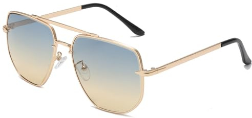 Long Keeper Retro Pilot Sonnenbrille Herren Herren Groß Metallrahmen Sonnenbrille Pilotenbrille Doppelsteg 70er Pilot Retro Brille Unisex, 60 MM (Gold Rahmen – Blau Gelb Farbverlauf Gläser)