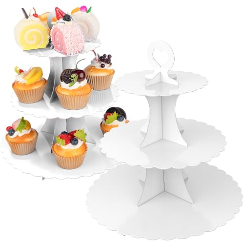 Leismy 3-stöckiger Cupcake-Ständer, 2er-Pack, Dessert-Cupcake-Ständer, Turm, runde Tortenpräsentationsplatte aus Papier, Servierplatte für Jubiläum, Taufe, Einweg-Gebäckhalter für Geburtstag (Weiß)
