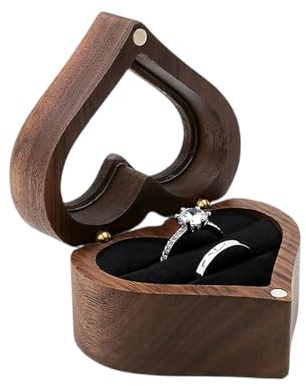 Amexo Herzförmige Ringbox Holz Ringschatulle, Walnussholz Ringbox mit Schwarz Samt, Holz Ringträger Ohrring Schmuck Box für Vorschlag Hochzeit Verlobung (B)