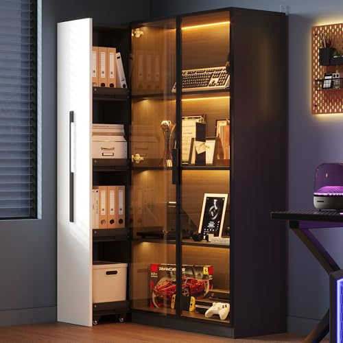 Merax Bücherschrank mit Glastüren, Multifunktionsschrank 160cm hoch, Vitrinenschrank Stehend, Glasvitrine mit LED-Beleuchtung und Schienenauszug-Regalenücherregal, Schwarz, 110,5x35x160 cm