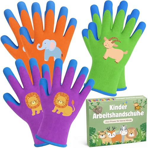 ZWEIUND Kinder Arbeitshandschuhe 3 Paar, Gartenhandschuhe mit Latexbeschichtung, rutschfest & atmungsaktiv, Schutzhandschuhe für Kinder 2–12 Jahre, Größen S–L, mehrfarbig (S)