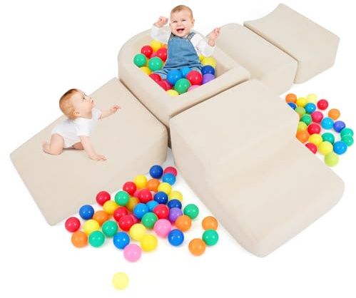 DREAMADE Parcours Motricité Bébé 5PCS avec Housse Lavable, Blocs de Construction avec Piscine à Balles, Module Motricité pour Enfant 3+ Ans, sans Balles (Velours Côtelé,Beige)