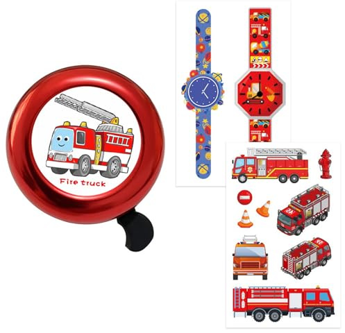 GWEOR Feuerwehr Fahrradklingel für Kinder, Geschenk für kleine Feuerwehrmänner und -frauen, mit 2 glitzernden Stickern, laut für Fahrrad, Roller, Dreirad und Laufrad