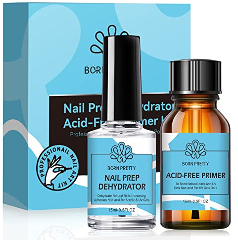 BORN PRETTY Nail Dehydrator & Acid-Free Primer Set 15ml x2 | Removes oil and moisture, improves gel adhesion and helps extend manicure wear for gel polish, acrylic and UV gel nails
