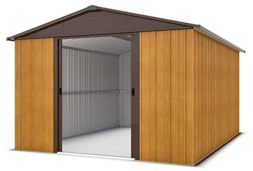 Abri De Jardin Métal 12,00m² - Marron Aspect Bois - Panneaux De Toit Translucide - 1013WGY