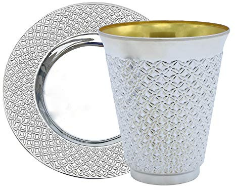 Exquisite 100 Pcs - 50 Sets of 5.5 oz Disposable Plastic Kiddush Cup and Tatz Silver Cup and Saucer Set for Passover, Shabbat, Wedding, Brit and Year Round - Bulk Pack