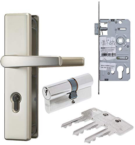ToniTec ABUS Türbeschlag Set aus Schutzgarnitur DR/DR neusilber Einsteckschloss Türzylinder A93 28/34 mm inkl. 3 Schlüssel als Grundausstattung für Wohnungseingangstür
