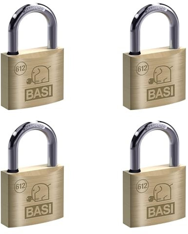 BASI | Vorhangschloss 4er Set | 30 mm | mit Wasserstopp | gleichschließend | massives Messing-Gehäuse | gehärteter Stahlbügel | stabiles Vorhängeschloss | Bügelstärke 5 mm | 4 Stück