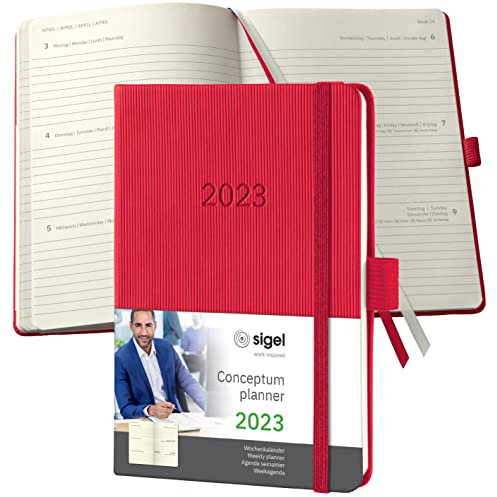 SIGEL C2365 Terminplaner Wochenkalender 2023 - ca. A6 - rot - Hardcover - 176 Seiten - Gummiband, Stiftschlaufe, Archivtasche - PEFC-zertifiziert - Conceptum