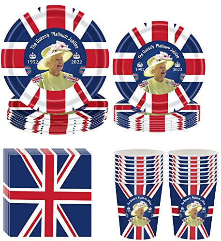 Union Jack Party Supplies - 64 Pcs Union Jack Tableware Set - Union Jack Paper Plates Napkins Cups Tableware Kit - Queens Platinum_Jubilee 2022 Decorations