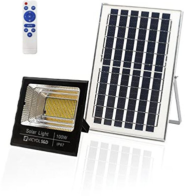 Vicyol S&D Foco Proyector LED Solar, Luz Solar Exterior de 100W, Iluminación de seguridad IP67 Luz 4000K, Foco 353 LED con Panel Solar para Patio, Jardín, Garaje. 8Ah. Impermeable.