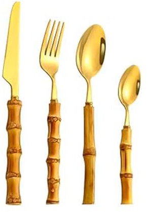 EME Set Cubertería Dorada 24 piezas con Mango de Mabú Natural. Incluye: 6 Cuchillo de mesa, 6 Cuchara de mesa, 6 Tenedor de mesa y 6 Cuchara de café postre.