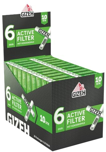 GIZEH BLACK Active Filter, Ø 6 mm – 20 Packungen á 10 Filter | Slim-Format Aktivkohlefilter mit Aktivkohle aus Kokosschale - praktischer 10er-Pack