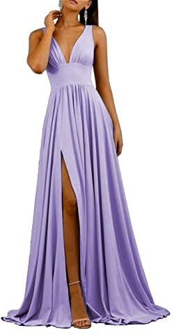 HPPEE Robe de demoiselle d'honneur pour femme - Col en V profond - Grande taille - Robe de fête de mariage avec fente, lilas, 42