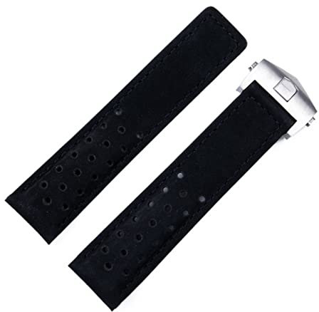 GANYUU 20 mm, 22 mm, 24 mm, echtes mattiertes Lederarmband für Tag-Armband für HEUER Carrera AquarACER Monaco F1 Uhrenarmband Schnalle (Farbe: Schwarz Silber Schnalle, Größe: 24 mm)